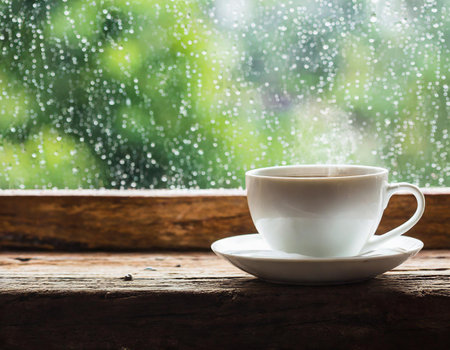 Coffee cup on wooden table with rain drop on window backgroundの素材