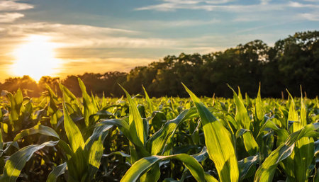 Green corn field at sunset or sunrise with blue sky and cloud.の素材
