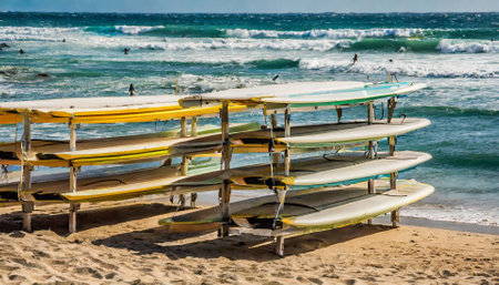 Surfboards on the beach in Playa del Carmen, Mexicoの素材