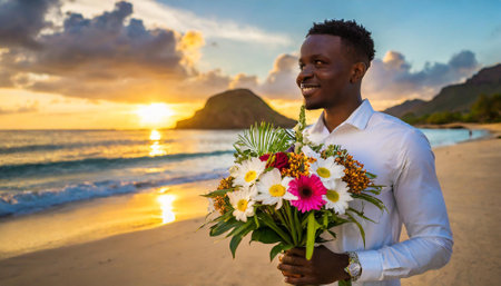 Young african man with bouquet of flowers on the beach at sunsetの素材