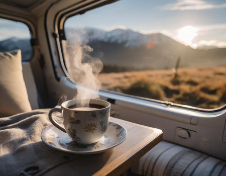 Cup of coffee in a camper van with mountains in the backgroundの素材