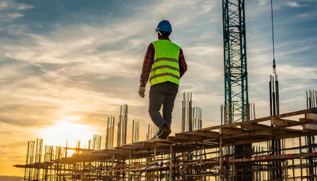 silhouette of engineer or architect on construction site at sunset.の素材