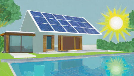 House with solar panels on the roof. Vector illustration for your designの素材