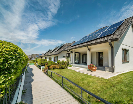 Modern house with solar panels installed on the roof, alternative electricity sourceの素材