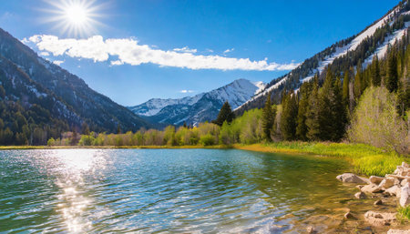 Landscape of alpine lake and snow covered mountains in spring.の素材