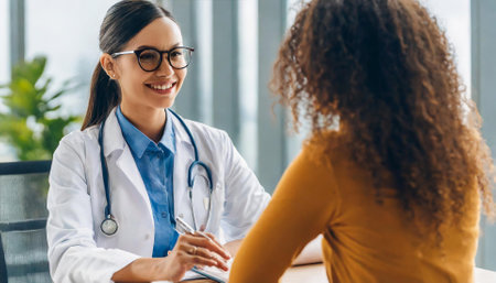 selective focus of smiling doctor in eyeglasses writing prescription to patientの素材
