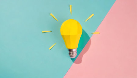 Yellow light bulb on blue and pink background. Minimal idea conceptの素材