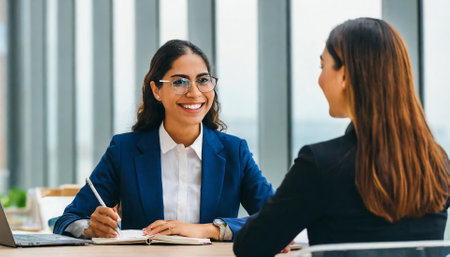 Smiling businesswoman in eyeglasses talking with colleague in officeの素材