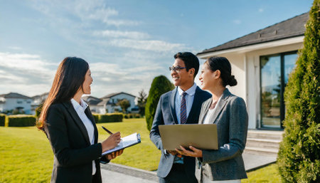 Group of business people standing in front of a new house and talking to each otherの素材