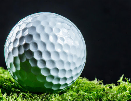 Golf ball on green grass with black background, close-upの素材