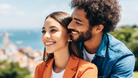 portrait of happy multiethnic couple hugging and looking at each otherの素材