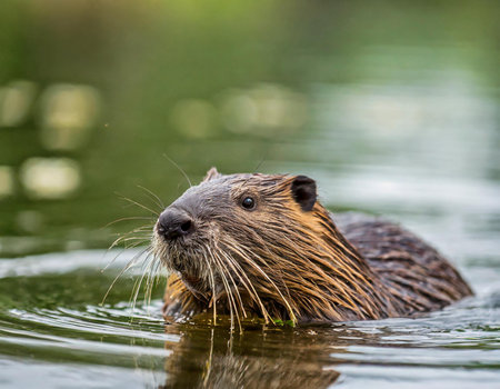 Portrait of a wild beaver swimming in the water in summerの素材