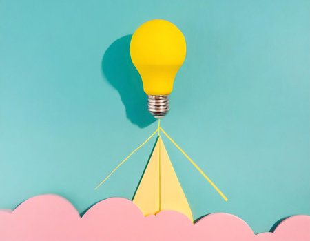 Creative idea concept with paper plane and light bulb on blue background.の素材