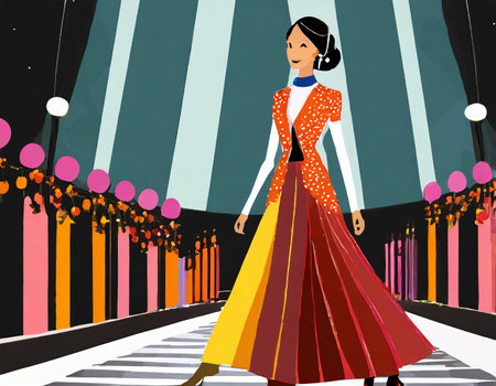 Fashion girl in a beautiful dress in the city. Vector illustration.の素材