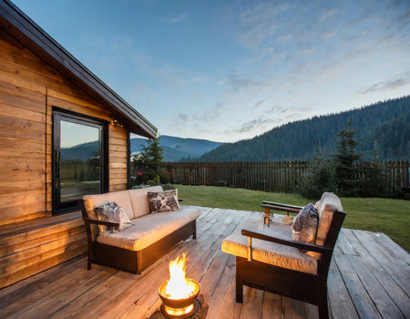 Luxury veranda of a house with a view of the mountainsの素材