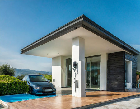 Electric car charging station in a modern house with blue sky background.の素材