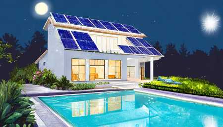 House with solar panels on the roof and pool at night. 3D renderingの素材