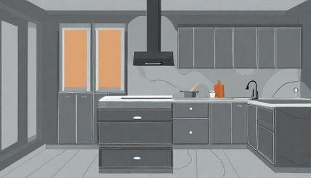 Kitchen interior design. 3d render illustration in grey colors.の素材