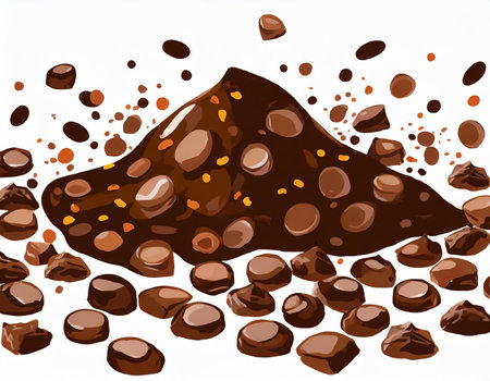 Chocolate background with chocolate pieces and falling chocolate drops. Vector illustration.の素材
