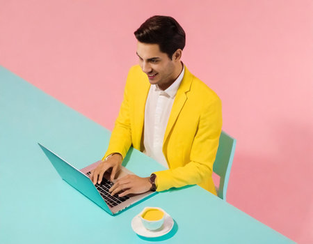 Handsome young man in yellow jacket typing on laptop while sitting at table with cup of coffeeの素材