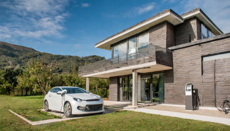 Modern house with a car parked in front of the garage. Nobody insideの素材