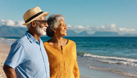 happy senior african american couple hugging and looking away on beachの素材