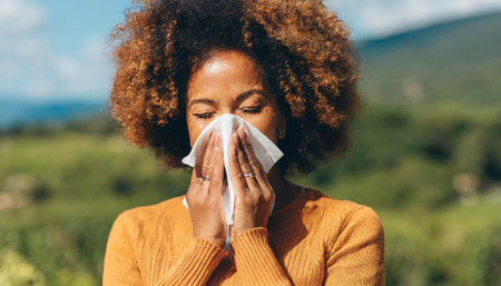 Sick african american woman sneezing in tissue outdoors.の素材