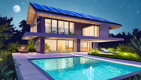 3d rendering of modern cozy house with pool and parking for sale or rent in luxurious style and beautiful landscaping on background. Clear summer night with many stars on the sky.の素材