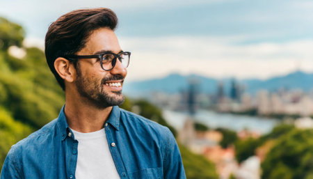 Handsome Indian man in eyeglasses smiling and looking away while standing outdoorsの素材