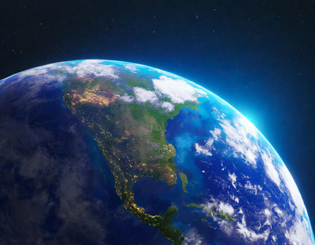 North America from space. 3D illustration with detailed planet surface.の素材