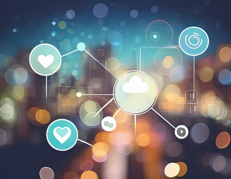 Digital composite of Cloud computing interface with bokeh lights and cityの素材
