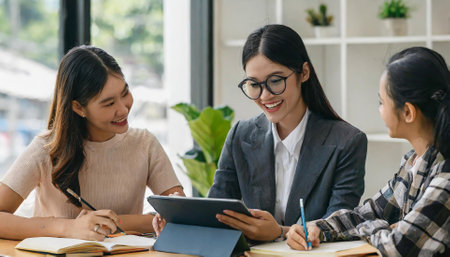 Two young Asian businesswomen working together in co-working space.の素材