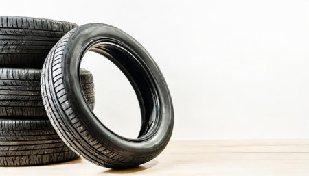 Car tires on a wooden table with a white background. Side view.の素材