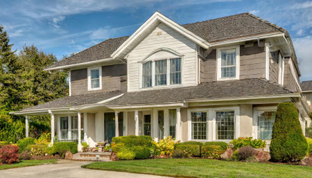 Suburban house with beautiful landscaped yard and front yard. Northwest, USAの素材