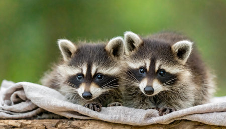 Two raccoons looking at the camera on a rustic clothの素材