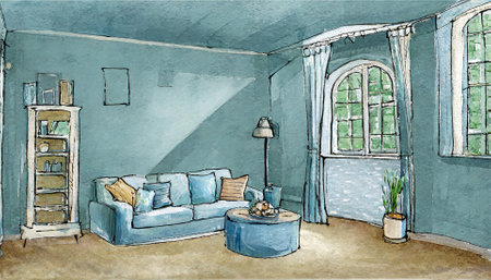 Sketch of a living room with a blue sofa and a bookcaseの素材