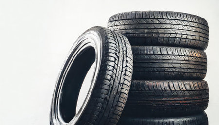 Car tires on a white background, close-up, copy spaceの素材