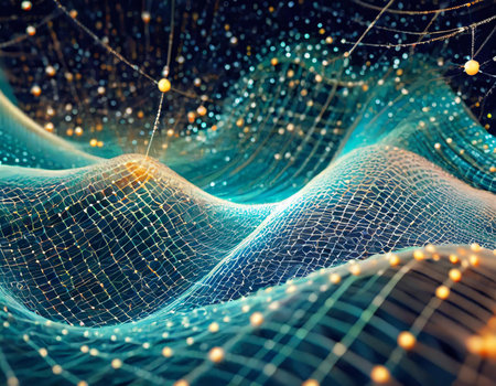 3d rendering of abstract digital landscape with connecting dots and lines. Network connection structure.の素材