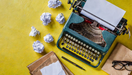 Vintage typewriter with crumpled paper on yellow background.の素材
