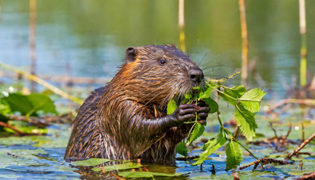 shot of a wild beaver near lake, nature series in south africaの素材