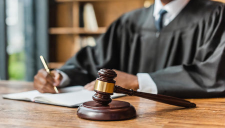 judge gavel and book on table in courtroom or law firmの素材