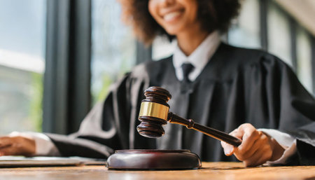 cropped shot of african american judge sitting at table with gavelの素材