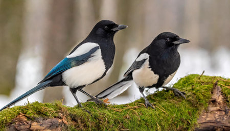 Magpie (Pica pica) male and female in winterの素材