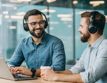 smiling young businessmen in headphones using laptop and drinking coffee in officeの素材