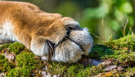Close up of a puma sleeping on a mossy ground.の素材