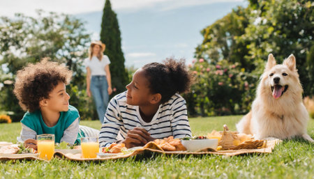 happy african american mother and kids having picnic in park togetherの素材
