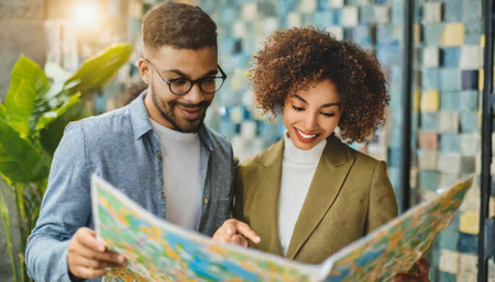 smiling african american couple looking at map in coffee shopの素材