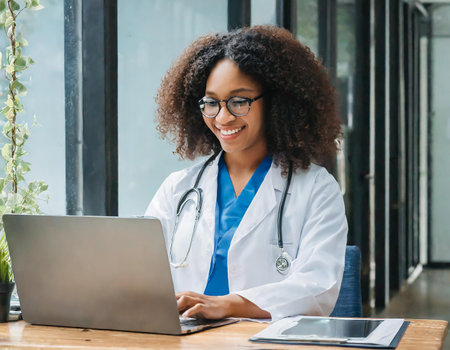 Portrait of smiling african american female doctor working with laptop in officeの素材