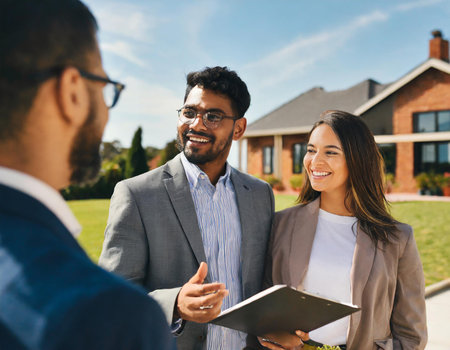 Real estate agent giving house keys to young couple in front of new houseの素材