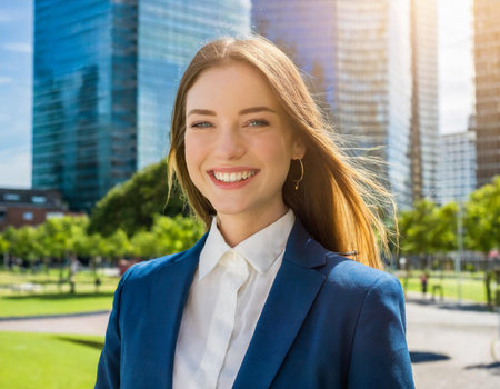 Portrait of a beautiful young business woman in a suit smiling in the cityの素材
